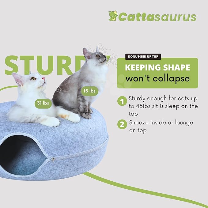 CATTASAURUS Peekaboo Cat Cave for Multiple & Large Cats Up to 30-45 Lbs, Scratch Detachable & Washable Tunnel Bed, Comfy Donut Cat Cave (Light Gray, Jumbo) - PAWPICO