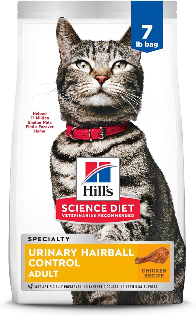 Hill's Science Diet Urinary Hairball Control, Adult 1-6, Urinary Track Health & Hairball Control Support, Dry Cat Food, Chicken Recipe, 7 lb Bag - PAWPICO