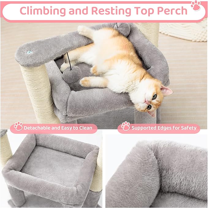Made4Pets Cat Tree for Indoor Cats, Cat Tower with 2 Natural Sisal Scratching Post for Kitten, Kitty Cat Bed with Pom-pom Dangling Balls, Grey, DIY - PAWPICO
