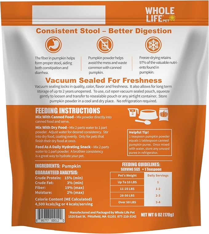 Whole Life Pet Pumpkin Powder for Dogs and Cats. Firms Stool, Relieves Diarrhea. Mix with Water for Instant Puree. No Mess or Waste from Cans. Human Grade Quality - PAWPICO
