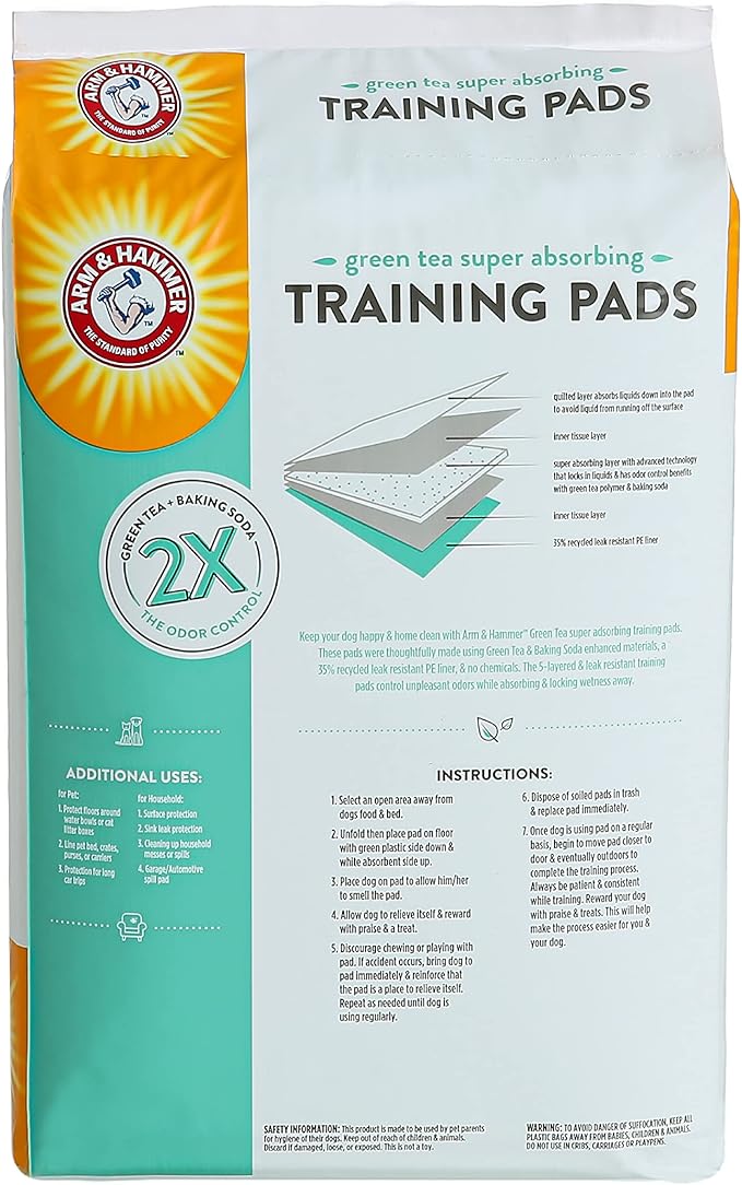 Arm & Hammer Green Tea Pet Training Pads | 25-Ct Dog Training Pads with Super Absorbing Green Tea Baking Soda for 2X The Odor Control | Leakproof & Recycled Training Pads for Dogs,White - PAWPICO