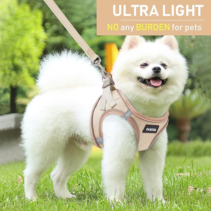 GAMUDA Small Pet Harness Collar and Leash Set, Step in No Chock No Pull Linen Fabric Soft Mesh Dog Vest Harnesses Reflective for Dogs Puppy Cats Kitten Rabbit (Khaki, M) GAMUDACollarsCollection
