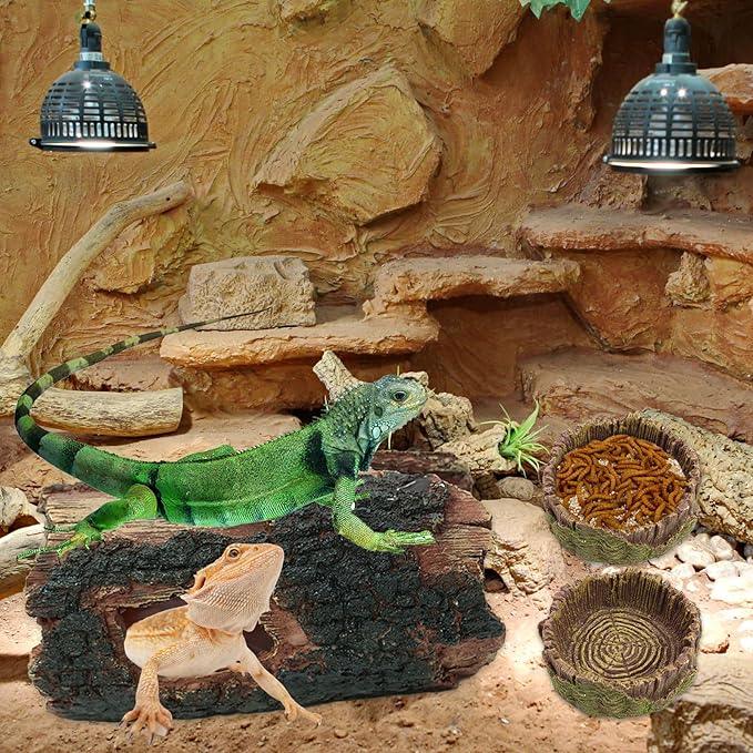 3Pcs Reptile Hide Cave Small Lizard Reptile Food&Water Bearded Dragon Bowls Accessories,Natural Resin Hollow Tree Trunk Hideout,Hermit Crab Supplies Trunk Snake Gecko Frogs Fish Tanks Decor Dexspoeny
