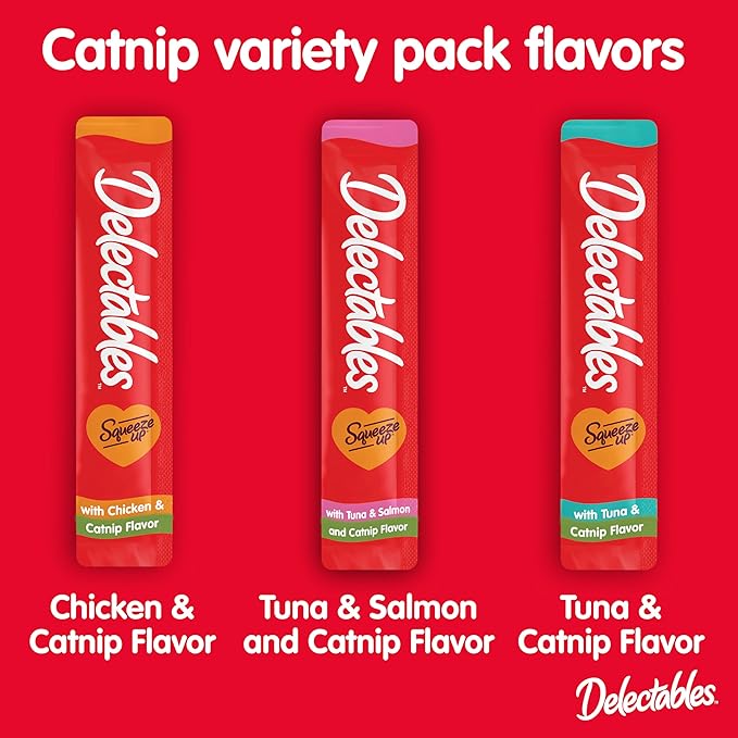 Delectables Squeeze Up Catnip Variety Pack, Creamy Squeezable Puree, Lickable Wet Cat Treats, Grain Free, No Added Fillers, No by-Products, No Added Preservatives, 0.5 Ounces Tube, 20 Tubes Total Hartz