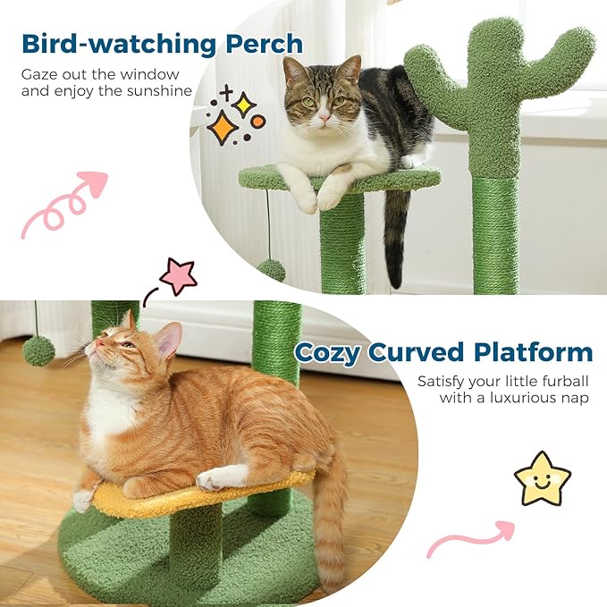 Made4Pets Cat Tree Cactus Cat Scratching Post 26” Cats Tree Tower for Indoor Cat Scratchers Kitty Tower with Flower Perch, Dangling Ball - PAWPICO