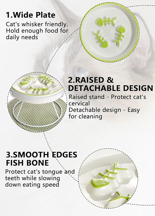 Raised Cat Dog Slow Feeder Bowl with Stand,Elevated Cat Food Bowl Shallow Design,Slow Down Eating Speed of Pets,No Whisker Fatigue Ceramic Cat Puzzy Feeder, Against Bloat,Indigestion, Easy to Clean - PAWPICO