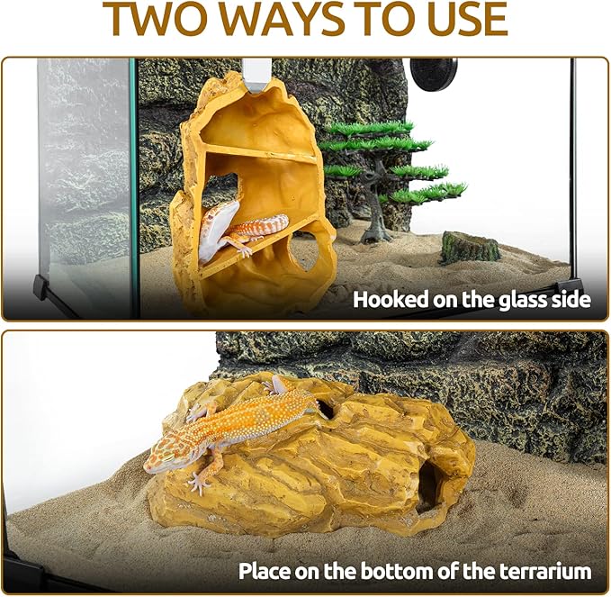 REPTIZOO Reptile Hide Hookable Multi-Levels Hideout Resin Reptile Cave Bearded Dragon Hideout Reptile Terrarium Accessories Decor for Reptiles, Amphibians, Snakes, Lizards,Leopard Gecko REPTIZOO
