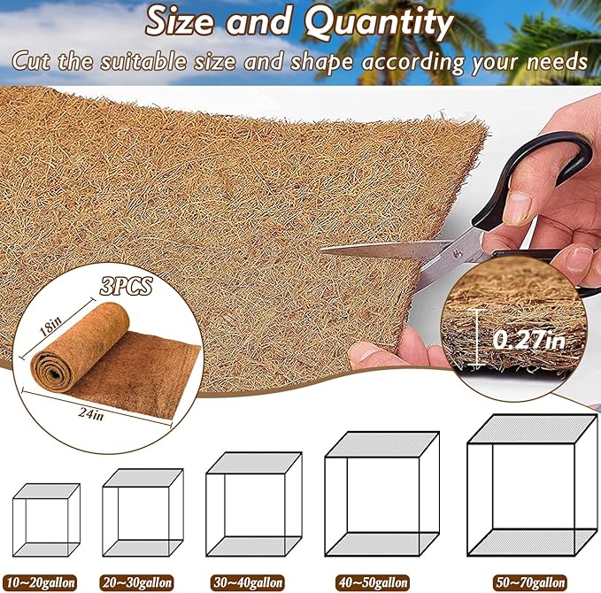 ZeeDix 3 Rolls Coconut Fiber Reptile Substrate Mat, 18 x 24 inches Natural Coco Mat Reptile Carpet Coco Fiber Liner Turtle Bedding Reptile Terrarium Liner for Lizard Snake Turtle Gecko Bearded Dragon ZeeDix