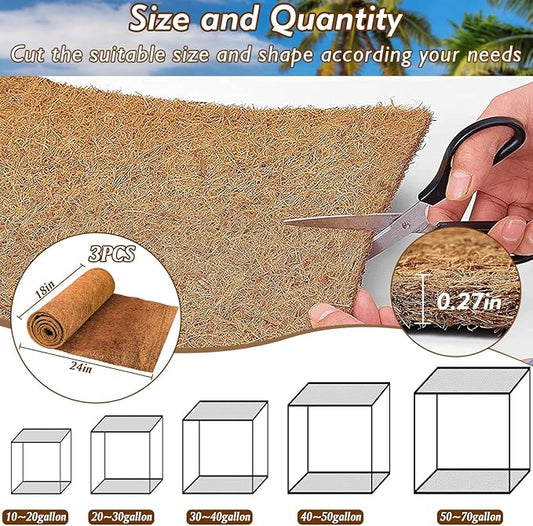 ZeeDix 3 Rolls Coconut Fiber Reptile Substrate Mat, 18 x 24 inches Natural Coco Mat Reptile Carpet Coco Fiber Liner Turtle Bedding Reptile Terrarium Liner for Lizard Snake Turtle Gecko Bearded Dragon ZeeDix