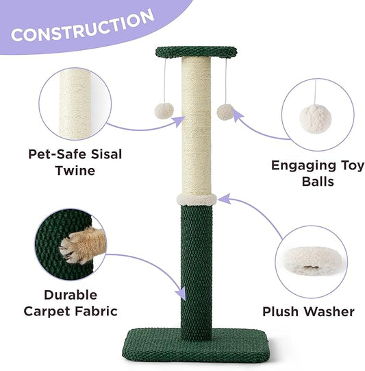 Lesure 29" Tall Cat Scratching Post - Premium Sisal Rope Highly Resistant Carpet Scratching Posts for Indoor Cats Adults, Sturdy Large Cat Scratch Pole with Hanging Ball, Green - PAWPICO