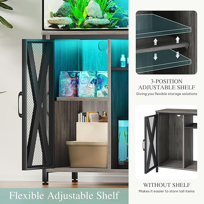 YITAHOME Fish Tank Stand with Power Outlets & LED Light, 20-29 Gallon Metal Aquarium Stand with Cabinet for Fish Tank Accessories Storage for Turtle Tank, Reptile Terrarium, 350LBS Capacity, Grey YITAHOME