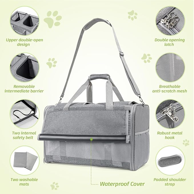 Sedioso Large Cat Carrier for 2 Cats, 21.7x 13.8x 13.8in Pet Carrier for Cat and Dog Up to 38lbs, All-Sided Mesh Cat Carrier with Great Ventilation, Portable Soft Sided Pet Carrier for Traveling(Grey) - PAWPICO