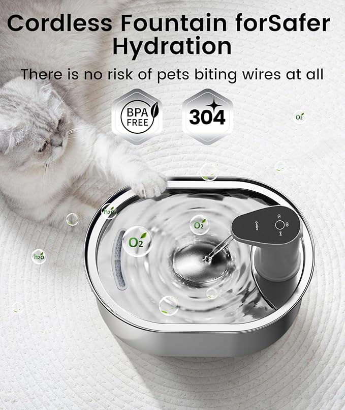 Wireless Cat Water Fountain, 3.5l/108oz Stainless Steel Pet Fountain with Motion Sensor, Ultra-Quiet Battery Operated Cat Fountain with 3 Working Modes, Suitable for Many Pets, (6 Filters + 6Sponge) - PAWPICO