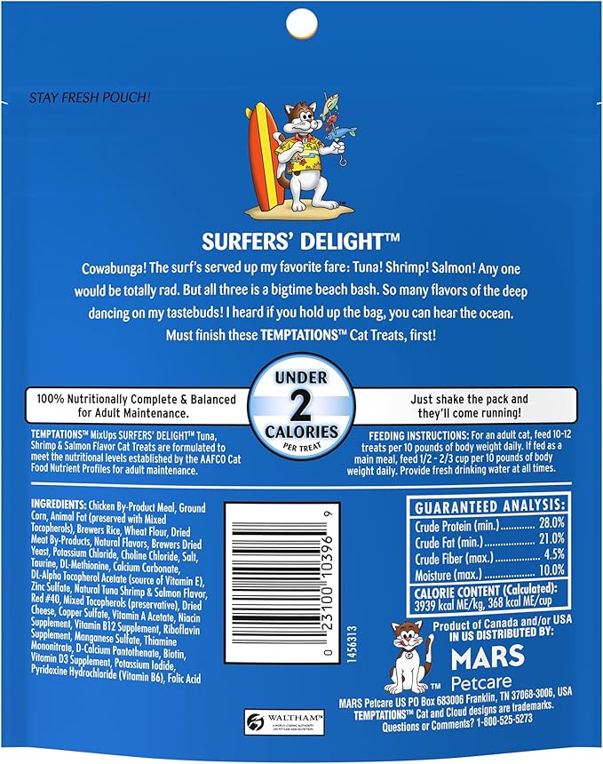 TEMPTATIONS MIXUPS Crunchy and Soft Cat Treats Surfer's Delight Flavor, 6.3 oz. Pouch, Pack of 10 Temptations