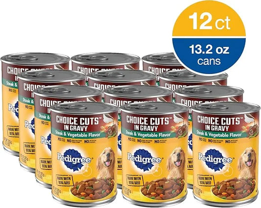 PEDIGREE CHOICE CUTS IN GRAVY Adult Canned Soft Wet Dog Food, Steak & Vegetable Flavor, 13.2 oz. Cans 12 Pack - PAWPICO