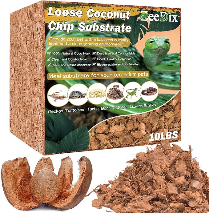 ZeeDix 10LB Coco Fiber Chips Substrate for Reptiles, 72 Quart Coconut Fiber Husk Substrate Mulch Coco Chips Bricks Reptiles Bedding for Geckos, Lizards, Tortoises, Ball Python, Frogs ZeeDix
