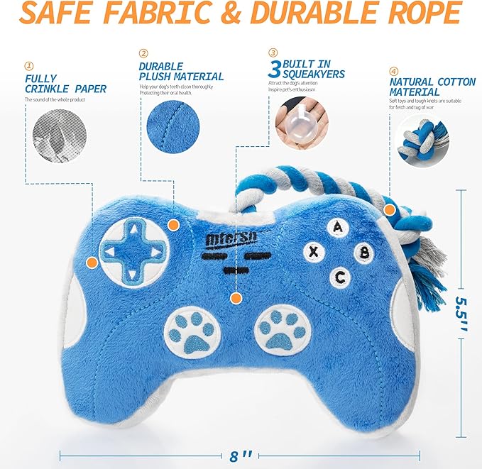 MTERSN Cute Squeaky Dog Toys : Blue Game Controller Plush Dog Toy and Funny Puppy Chew Toys with Full Crinkle Paper - Cool Dog Birthday Toys for Small, Medium and Large Dogs - PAWPICO