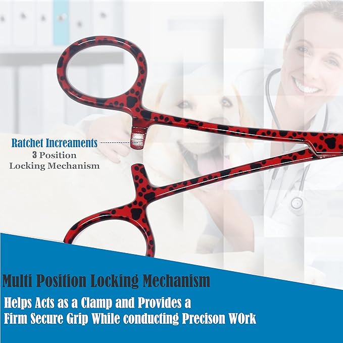 Dog Pet Ear/Nose Hair Puller Grooming Hemostat Locking Forceps Pliers, 5.5" (14cm), Straight (Red Paws) A2Z+SCILAB