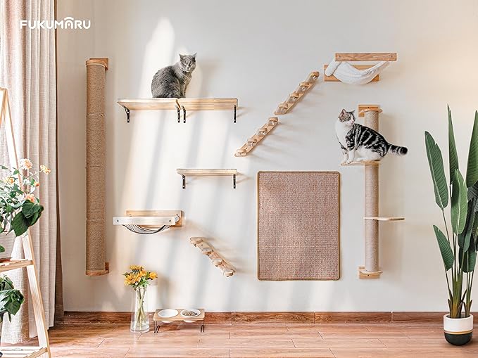 FUKUMARU Cat Scratching Post, 35 x 4.5 Inch Cat Wall Furniture, Rubber Wood Wall Mounted Cat Scratcher Posts for Large Cats, Thicker Columns for Multi-Functions - PAWPICO