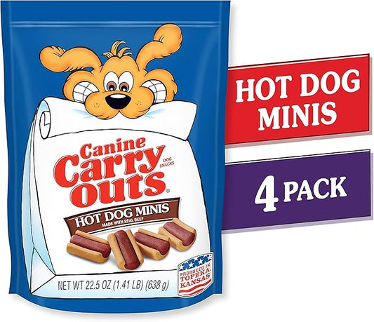 Canine Carry Outs Dog Treats, Hot Dog Minis, 22.5 Ounce (Pack of 4), Made with Real Beef - PAWPICO