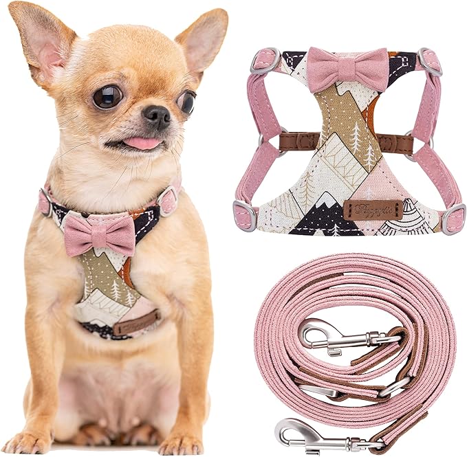 Puppytie No Pull xs Dog Harness with Multifunction Dog Leash,Soft Adjustable No Choke Escape Proof Pet Harness Vest,Suede Bow Pink,XXS Puppytie