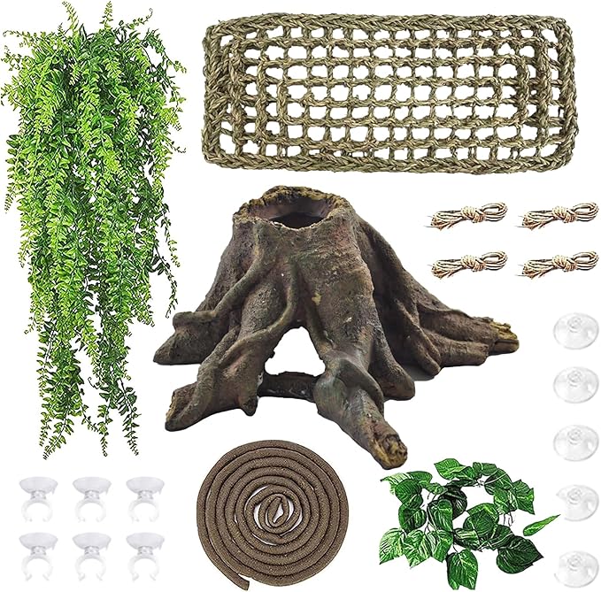 5 PCS Tank Accessories for Bearded Dragon Include Resin Hollow Tree Root Reptile Habitat Hideout Decor Hanging Jungle Vines Flexible Leaves Climbing Decorations for Lizard Gecko Chameleon Spider MUYG