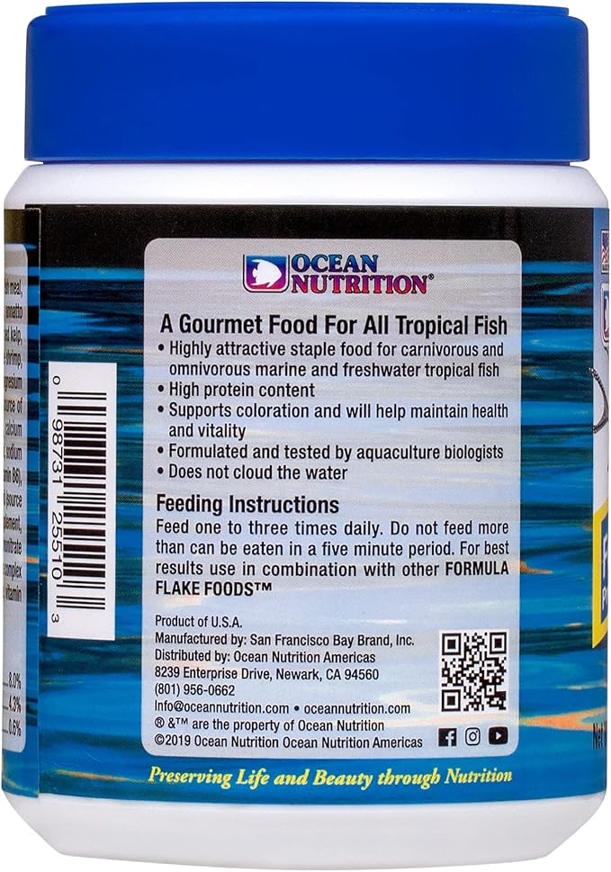 Ocean Nutrition Formula 1 Flake Fish Food 2.5 Ounces (71 Grams) Jar | Saltwater Marine Aquarium Flakes Food for Reef Aquariums | Angelfish Clownfish Damsels Gobies Crabs Shrimp Corals OceanNutrition