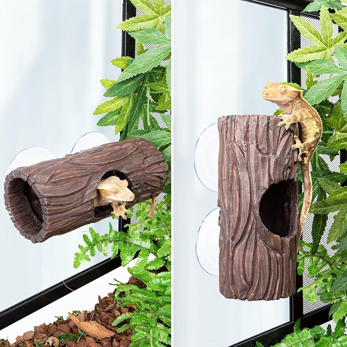 Reptile Hide, Resin Hollow Log Hideout with 2pcs Powerful Suction Cup, Reptile Tank Accessories Climbing Toys Terrarium Hideaway Caves Decor for Gecko, Lizard, Snakes, Hermit Crabs, Forgs CAVACHEWReptileSupplies