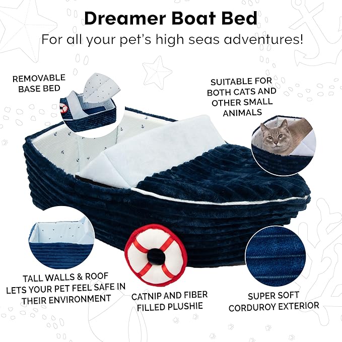 Furhaven Soft & Cozy Cat Bed w/ Catnip Toy for Indoor Cats, Washable w/ Removable Pillow Cushion Insert - Corduroy Boat Bed - Blue, Small - PAWPICO