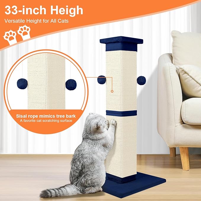 Cat Scratching Post 33 Inch Nature Sisal Cat Scratch Post for Indoor Cats, Large Cat Scratcher Protect Your Furniture, for All Breeds Blue - PAWPICO