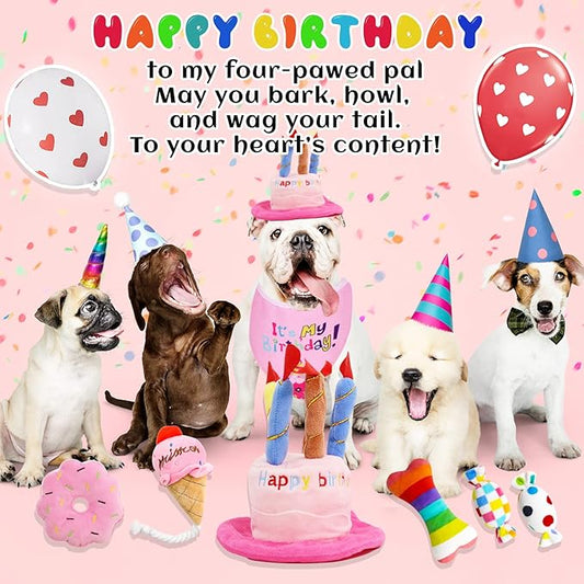 Dog Birthday Toys, Birthday Gift for Dogs, Happy Birthday Dog Toy Girl, Squeaky Plush Birthday Cake Hat Bandana for Dog Birthday Party, Birthday Gift for Small & Medium Dog, 9 Pack Pink - PAWPICO