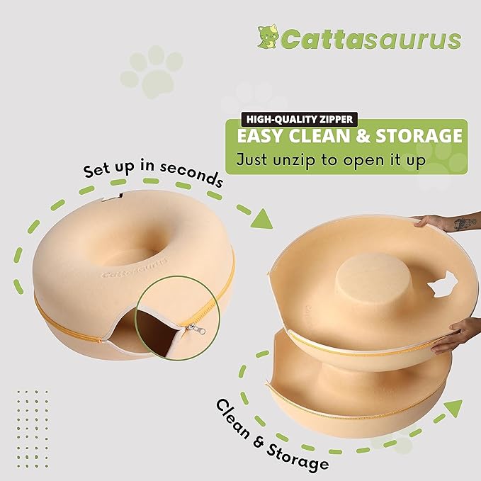 CATTASAURUS Peekaboo Cat Cave for Multiple & Large Cats Up to 30-45 Lbs, Scratch Detachable & Washable Tunnel Bed, Comfy Donut Cat Cave (Pastel Macaron, Large) - PAWPICO