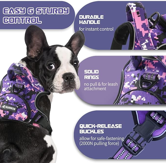 No Pull Dog Harness for Large Dogs, Adjustable No Choke Pet Vest with Dog Leash Fit Smart Reflective Pet Walking Harness for Training Easy Control Soft Handle Purple Camo L BUMBIN