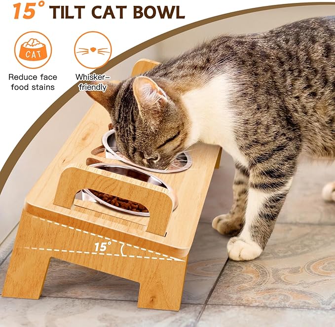 Elevated Cat Food Bowl, 3 Stainless Steel Raised Cat Bowls with Stand, 15°Tilted Cat Bowl for Indoor Cats, Cat Food and Water Bowl Set, Anti Vomitting, Whisker Fatigue and Dishwasher Safe - Natural - PAWPICO