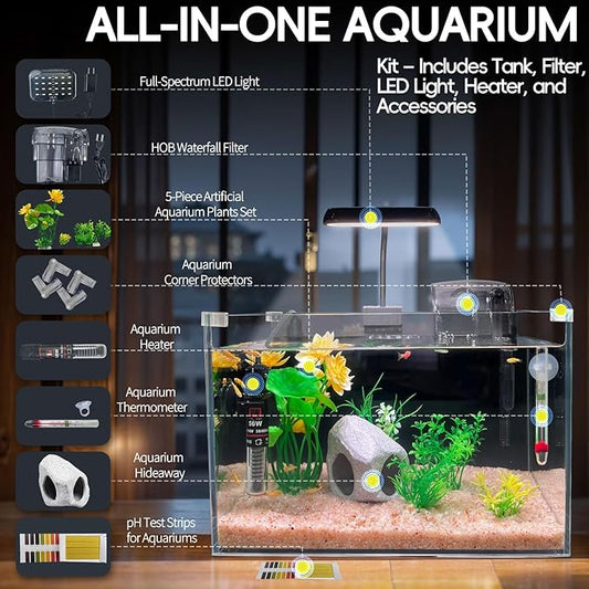 3.4-Gallon Ultra-Clear Low-Iron Betta Fish Tank Kit with Waterfall Filter, Full-Spectrum LED Light, Heater, Hideaway, Plants, Thermometer, and pH Test WelcometoCICKSEED