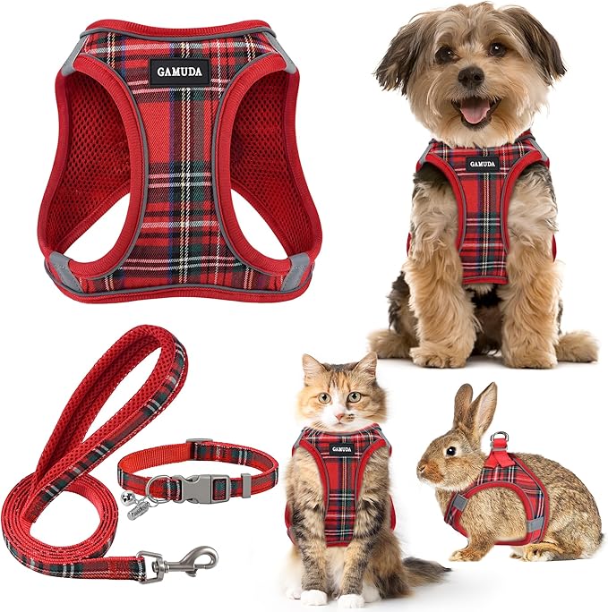 GAMUDA Small Dog Harness Collar and Leash Set, Step in No Chock No Pull Soft Mesh Adjustable Dog Vest Harnesses Plaid Reflective for Dogs Puppy Cats Kitten Rabbit (Red, M) GAMUDACollarsCollection