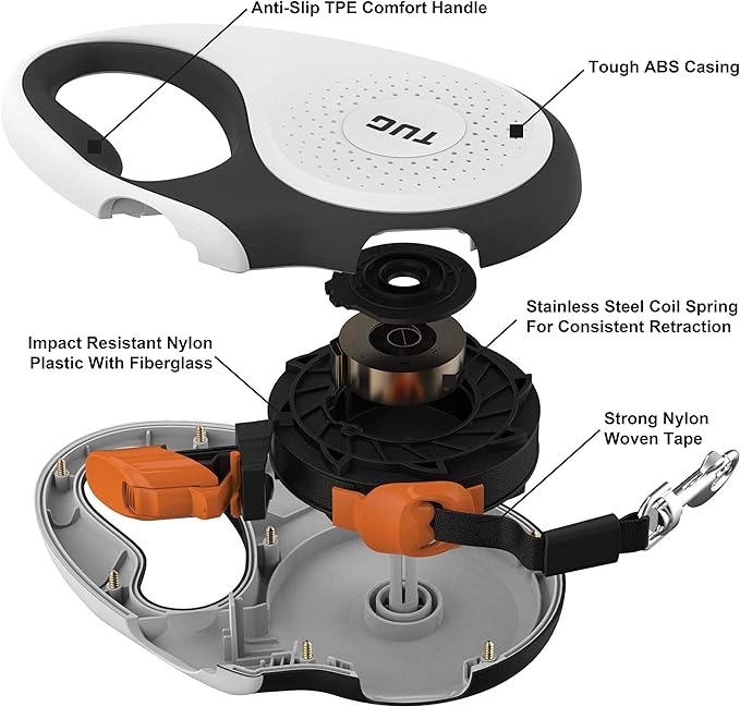 TUG Tiny 360° Tangle-Free Retractable Dog Leash with Anti-Slip Handle | 10 ft Nylon Tape | One-Handed Brake, Pause, Lock (White/Orange) TUG