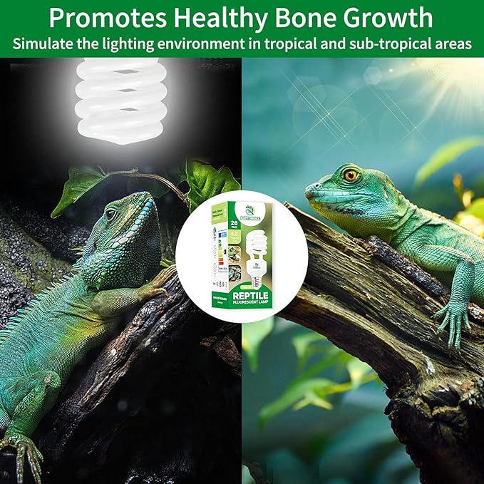UVB Reptile Light 5.0, 26W Tropical and Sub-Tropical UVA UVB Bulb for Reptiles, Tropical Terrarium Compact Fluorescent Lamp, Reptile UVB Light Bulb for Chameleons, Iguanas, and Turtles REPTIHOME