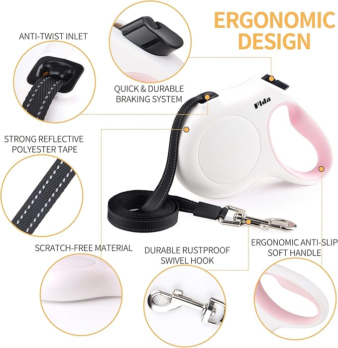 Fida Retractable Dog Leash X-Small Breed, 10 ft Durable Pet Walking Leash for Extra Small Dogs/Cats/Small Animals up to 18 lbs, 360° Tangle Free, White Fida