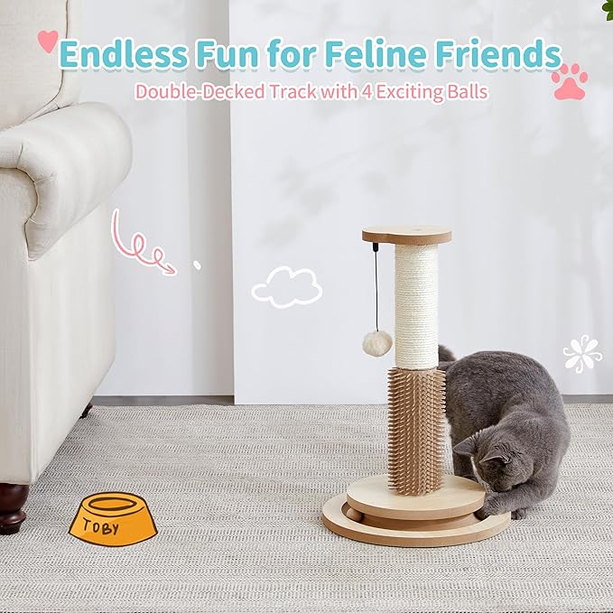 Made4Pets Cat Scratching Post 18" Tall for Small Kittens, 4-in-1 Cat Scratcher with Natural Sisal Ropes, Wooden Turntable Track Toy with Self Grooming Brush, Premium Scratch Pole with Plush Balls - PAWPICO