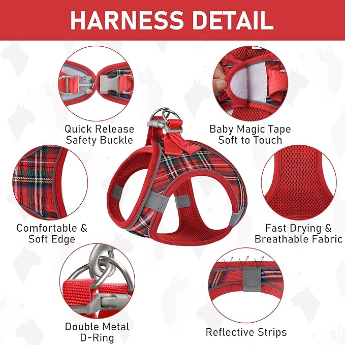 GAMUDA Small Dog Harness Collar and Leash Set, Step in No Chock No Pull Soft Mesh Adjustable Dog Vest Harnesses Plaid Reflective for Dogs Puppy Cats Kitten Rabbit (Red, M) GAMUDACollarsCollection