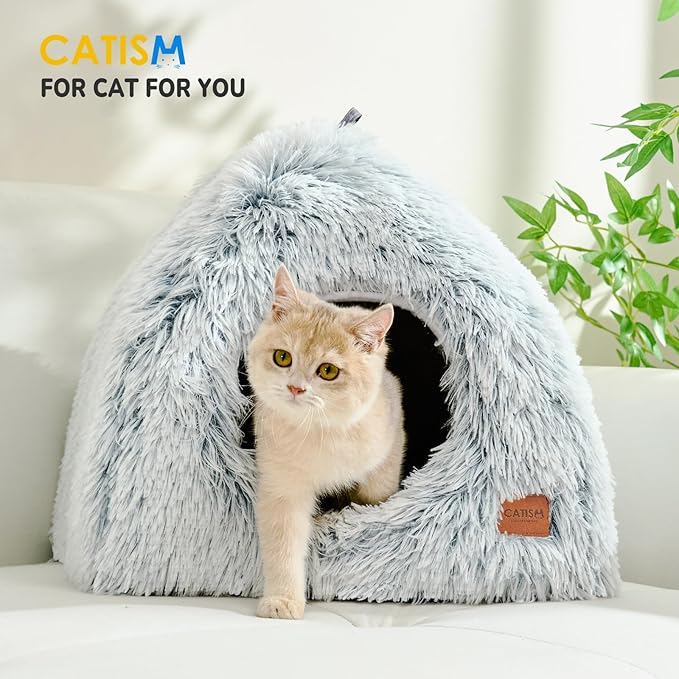 CATISM Cat Bed, Cat Cave for Indoor Cats, Soft Cat Dome, Self-Warming 2 in 1 Foldable Pet Cat House with Washable Cushioned Pillow Calming Fluffy Dog Beds for Small Dogs with Anti-Slip Bottom Gray - PAWPICO