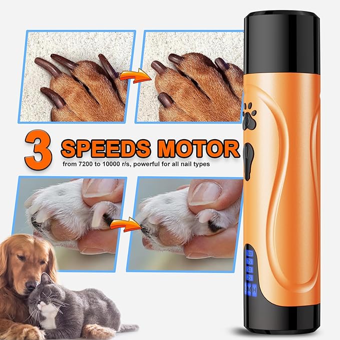 YABIFE Dog Nail Grinder, Dog Nail Trimmers and Clippers Kit, Super Quiet, Rechargeable, for Small Large Dogs Cats Toenail Claw Grooming,3 Speeds, 1 Extra Grinding Wheel - PAWPICO