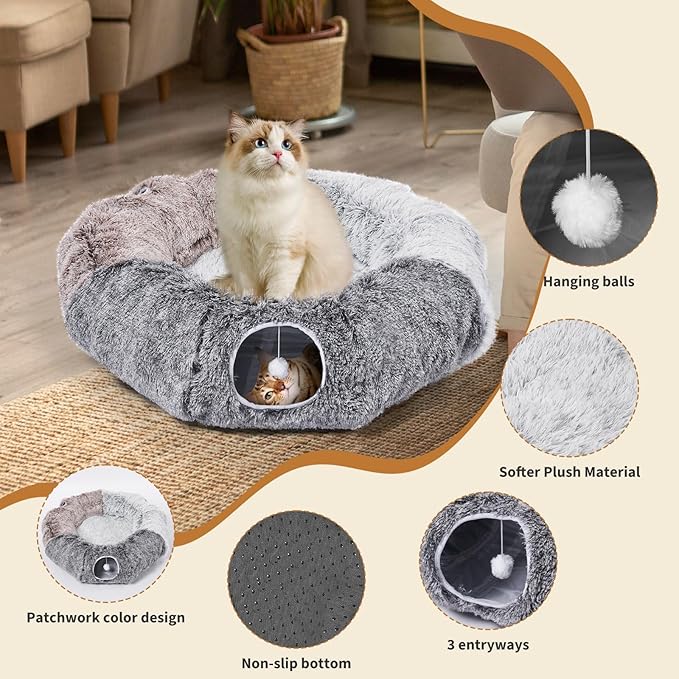 Odoland Large Cat Tunnels for Indoor Cats Fluffy Cat Bed and Detachable Cat Cave Tunnels with 20 Cat Toys, Cat Donut Tunnel and Variety Kitten Toy Set for Chewing Playing - PAWPICO