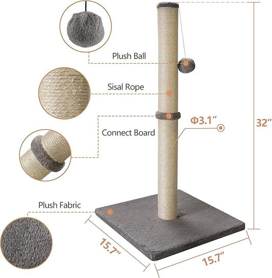 32 Inches Tall Cat Scratching Post, Cat Scratch Post Tree Kitten Scratcher with Sisal Rope, Scratching Post for Indoor Cats with Hanging Ball - PAWPICO