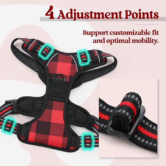 rabbitgoo Dog Harness No Pull with 2 Leash Clips, Adjustable Soft Padded, Reflective Oxford No Choke Pet Vest with Easy Control Handle for Large Dogs, Red Plaid, L rabbitgoo