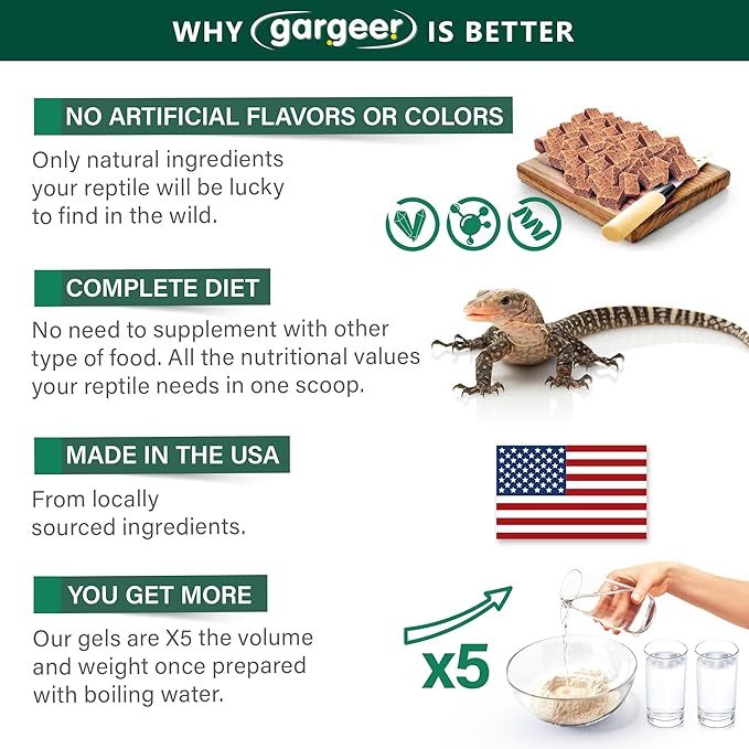 3oz Monitor Lizard Food. Complete Gel Diet for Both Juveniles and Adults. Proudly Made in The USA, Using Premium Ingredients, Fortified Gourmet Formula. Enjoy! Gargeer