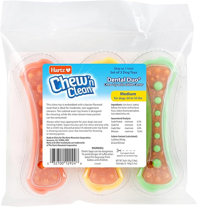 Hartz Chew 'n Clean Dental Duo Dog Treat & Chew Toy, Color Varies, Medium, 3 Pack - PAWPICO