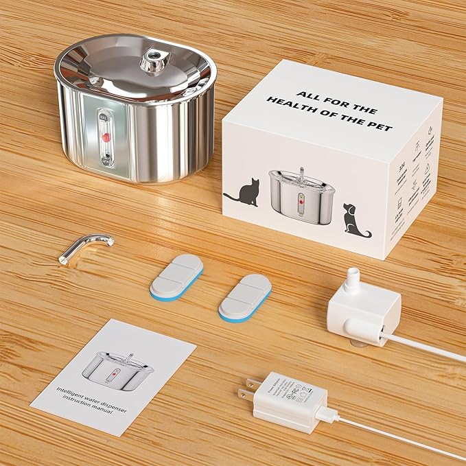Joric Cat Water Fountain Stainless Steel, 2.5L/85oz Automatic Cat Water Dispenser with Water Level,Water Fountains for Cats Indoor,Super Silent Suitable for Multiple Pets, 2 Pack Filter Replacement - PAWPICO