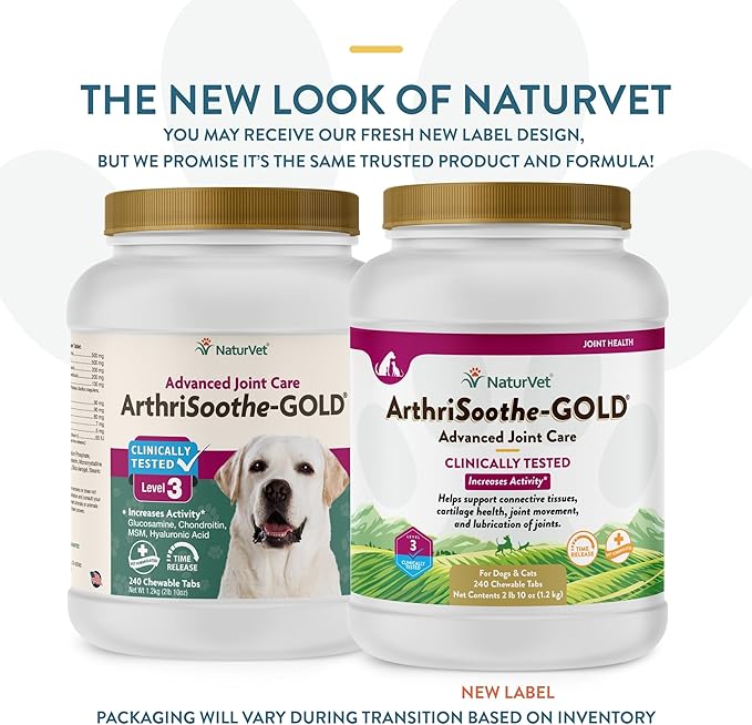NaturVet Clinically Tested ArthriSoothe-Gold Level 3 Advanced Joint Care for Dogs and Cats, 240 ct Time Release, ChewableTablets, Made in USA NaturVet